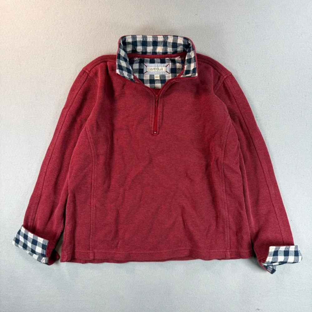 Orvis Mens Quarter Zip Pullover Sweater Red Gingham Trim Ribbed Knit Size M